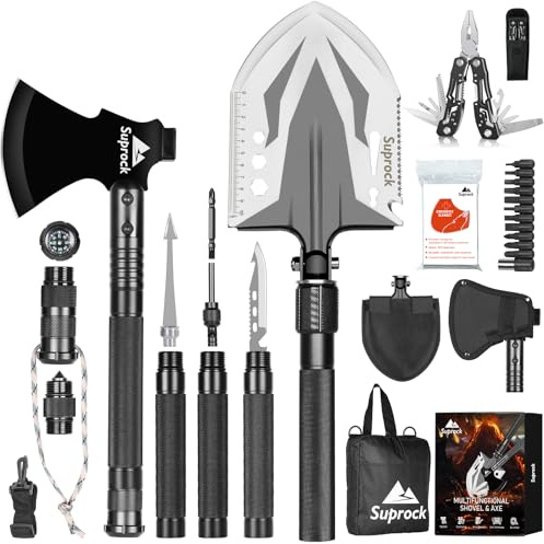 Suprock Survival Shovel High Carbon Steel Tactical Shovel Axe Folding Entrenching Tool Camping Hiking Shovel Carrying Pouch Car Emergency Survival Gear