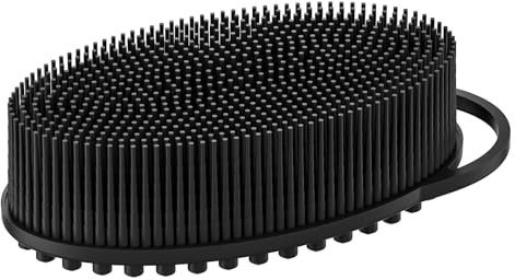 Metene Silicone Body Scrubber, Exfoliating Body Scrubber for Use in Shower,Lathers Well, Long Lasting, Soft Body Scrubber for Shower and Bath Skincare Routine(Black with Loop) (BK-L)