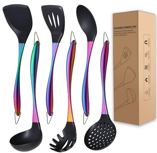 QRU Kitchen Utensils Set, Large Non-stick Silicone Cooking Utensils Set 6 Pcs,Made of 446°F Heat Resistant Food Grade Silicone and Stainless Steel Handles,Easy to Clean Kitchen Gadgets Set (Rainbow)