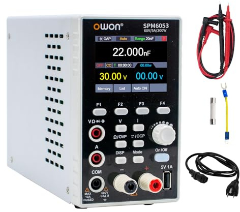 OWON SPM6053 Fuente de Alimentación y Multímetro 2 en 1 DC Fuente de Alimentación de Laboratorio 60V 5A, Fuente de Alimentación de Banco, con LED de Alta Precisión de 2,8”, Multímetro Digital