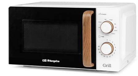 Orbegozo MIG 2142 Microondas Diseño Nórdico 20L con Grill 900W, Asa de Madera, 5 Niveles Potencia, Interior Esmaltado, Descongelación, Temporizador, Rejilla Incluida