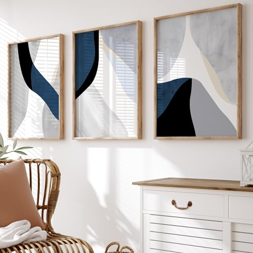 Abstract Blue Wall Art Set | Set of 3 Prints | Navy Blue Wall Art | Home Decor | UNFRAMED | A3, A4 (A3)