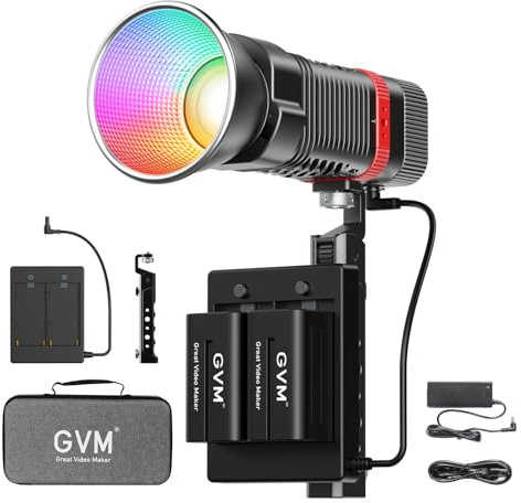 GVM PL60C Lampe vidéo LED COB RGBWW avec kit de piles, éclairage de photographie portable 60 W pour enregistrement, projecteur de poche pour contrôle APP/2,4 G, 2 batteries, 2700-6800 K, 16 scènes,