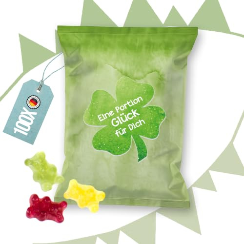 Viel Glück Geschenke Gummibärchen Päckchen, 100 Stück: Glücksbringer Glücksbärchen, Prüfung, Silvester & Neujahr, Prüfungsglücksbringer Abi, Kleeblatt Geschenk, 7 x 9 cm