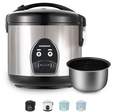 MOOSUM Electric Rice Cooker with One Touch for Asian Japanese Sushi Rice, 0.8L for 2-5 People, 5-cup Uncooked, Convenient Cooker with Steamer, Stainless Steel Housing and Auto Warmer, Silver