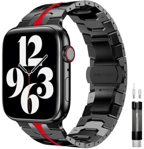 Bracelet en Métal Compatible avec Apple Watch Series 11 10 46/44/42/45/49mm - Bracelets de Remplacement en Acier Inoxydable pour iWatch Series 11 10 9 8 7 6 5 4 3 2 1 SE (42/44/45/49MM, NOIR ROUGE)
