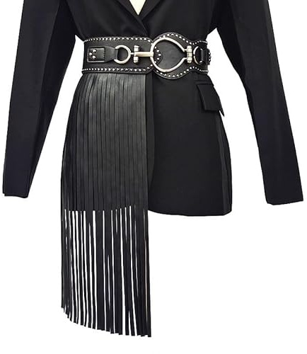 Women's Faux Leather Tassel Skirt Fashion Ring Metal Buckle Elastic Waistband Fringe Skirt Belt Punk PU Long Fringe Dress Belts Costume Decoration Accessories for Halloween Party Clubwear Festival