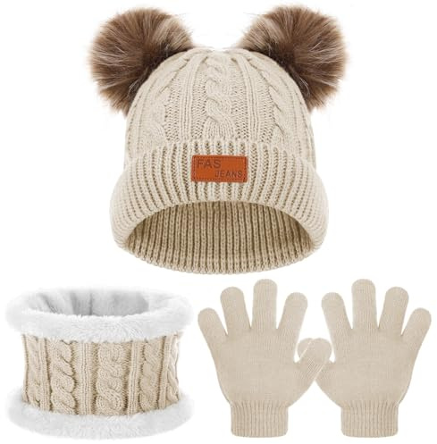 Huiguli Conjunto de Gorro Bufanda y Guantes Niños, Térmico Niñas Beanie Gorro Bufanda Guantes Set, 3 in 1 Invierno Conjunto de Guantes de Bufanda de Gorro para Niños Niñas 1-5 Años, Caqui