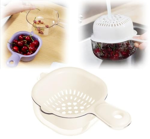 Multifunctional Drain Basket Dual-Layer Veggie Colander Draining Basket with Handle, Fruit Bowl with Strainer Mini Fruit Strainer for Washing Berry Tomato Grape (Beige)