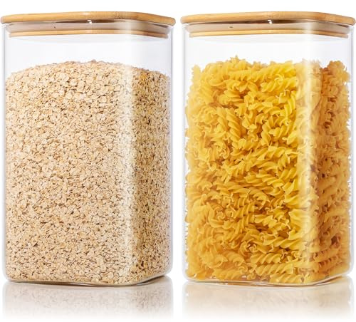 HomArtist Contenitori quadrati grandi in vetro per farina e zucchero, con coperchi ermetici, confezione da 2, barattoli in vetro con coperchio in bambù per dispensa, contenitori in vetro con coperchio