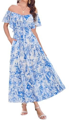 GRACE KARIN Women's Elegant Floral Maxi Dress Ruffle Sleeve V-Neck Summer Dress Blue White Flower S
