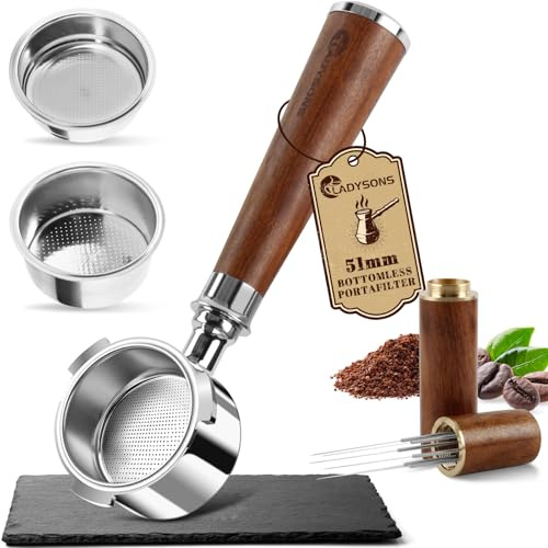 Espresso Bottomless Porte-filtre 51mm | Compatible avec DeLonghi Dedica EC680 / EC685 | Filtre à Café 51 mm avec poignée en noyer, 2 paniers inox, répartiteur d’aiguille espresso | 3 oreilles