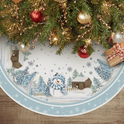 Artoid Mode Blau Schneemann Bäume Holzhaus Weihnachten 48zoll/122cm Weihnachtsbaum Rock, Schneeflocken Tannenbaum Christbaumdecke Urlaub Party Deko
