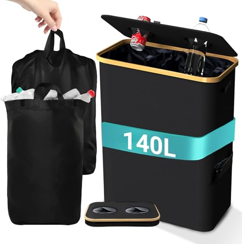 2 Compartments 140 L Deposit Bottles Collection Container, Large Deposit Bottles Container for 80-110 Bottles Recycled Container with Carry Bag XXL Paper Bin Bottle Collector Empty for Kitchen Storage