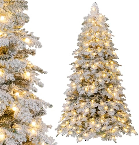 COSTWAY Albero di Natale Innevato 180/210 cm, Albero di Natale Artificiale con 260/320 Luci LED, 130/160 Palline, 616/806 Rami, 8 Modalità di Illuminazione, Decorazione Natalizia per Festa (180 cm)