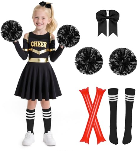 AYBUY Children's Cheerleading Set, Cheerleader Costume with Pompoms Socks Headband and Cheering Sticks, Girl's Cheerleading Uniform for Halloween Carnival Masquerade School Game, Black(140)