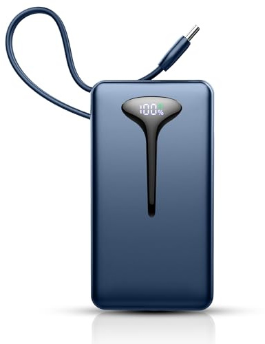 Batterie Externe 10000mAh, 22.5W Power Bank Charge Rapide, 3 Sorties avec Câbles Intégrés, Batterie Portable 3A USB C avec Affichage LED, Chargeur Externe pour iPhone16 15 14 13 Pro Max Samsung Xiaomi