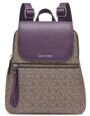 Calvin Klein Women's Elaine Signature Key Item Flap Backpack, Almond/Taupe/Winter Plum, One Size