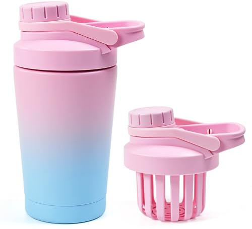 Ulluthu Edelstahl Protein Shaker 500ml, Isolierte Eiweiß Shaker mit Sieb | Metall Proteinshaker BPA Frei, Auslaufsicher Edelstahl Thermoflasche für Proteinpulver, Eiweißshake, Sportgetränke, Rosa