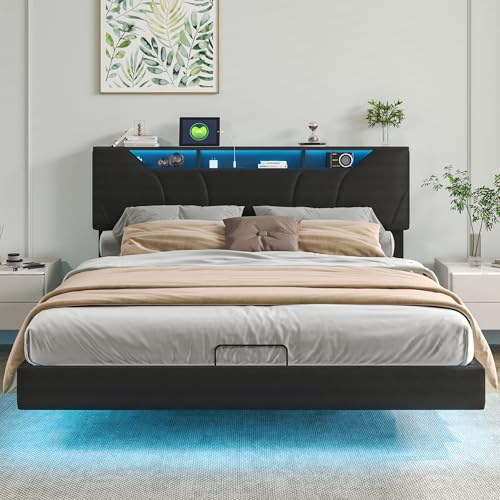 CDQL Polsterbett Doppelbett 160x200 cm mit Stauraum, Schwebebett mit LED und USB, Bettgestell mit höhenverstellbarem Kopfteil und Lattenrost, Jugendbett, PU, ​​Schwarz