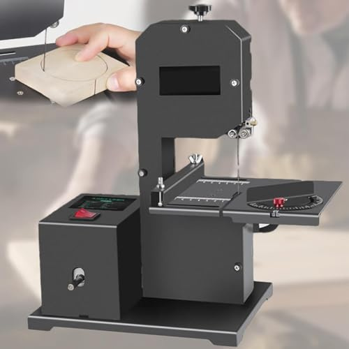 Scie à ruban professionnelle d'établi pour petits ateliers, scie à ruban pour le travail du bois 1750 tr/min avec accessoires, table inclinable en métal de 0 à 45°, profondeur de coupe de 70 mm