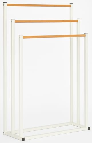 3 Tier Freestanding Towel Rack - Bathroom Towel Holder with Wooden Rails, Space Saving Drying Stand for Bath Sheets & Hand Towels - Modern Metal Frame, White & Wood Finish