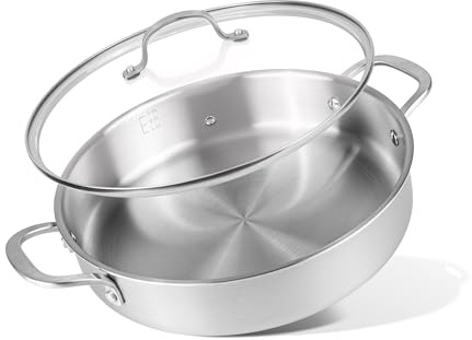 Stainless Steel Cooking Pot – Induction Hob Stockpot with Glass Lid – Oven Safe Non Stick Shallow Casserole – 28cm