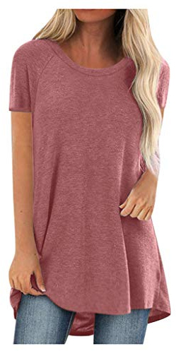 T-Shirt Long Classique Coupe Ample Femme Grandes Tailles - Col Rond Manches Courtes pour l'Été - Tunique Élégante Sport Casual Couleur Solide 2026