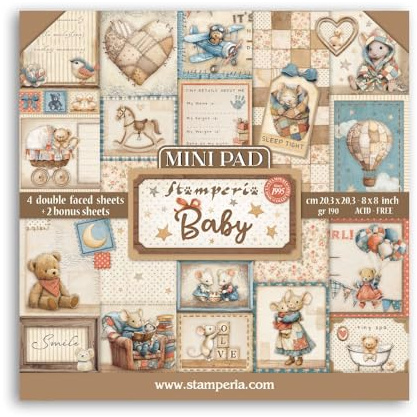 Stamperia - Mini Pad for Scrapbooks, Albums, Cards, Bullet Journals and More, Acid Free, Double-Sided, Perfect for Hobbies, Crafts, and Gifting (6 Sheets) (Baby) (20.3 x 20.3cm)