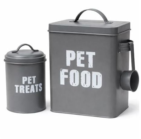 simpa Retro Vintage Style Metal Pet Food Storage Set – 3PC Matt Grey Dog & Pet Food Tin, Treats Tin & Scoop
