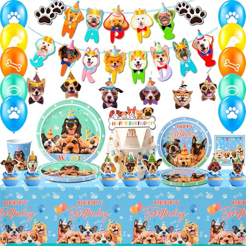 Hund födelsedag dekoration, 97 st hund tema födelsedag dekorationer festservis set papperstallrik barnfödelsedag banner festtallrik ballonger valp cupcake toppers ect födelsedagsdekoration för barn