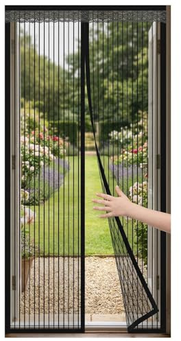 No Drill Magnetic Fly Screen Door - Self Closing with Full Frame Magic Tape for Easy Installation, Keep Insects Out of Sliding Doors, Balcony & Living Room, 90x210cm (Black)