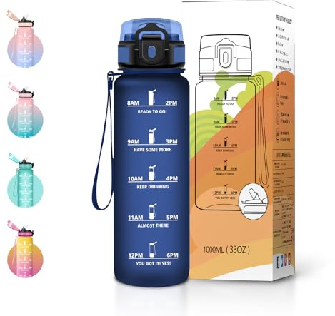 JAPORIA Gourde 1L avec Paille, Bouteille sport réutilisable, sans BPA, étanche, avec Marqueur de Temps, motivationnelle pour l'école, le sport, le bureau et le camping