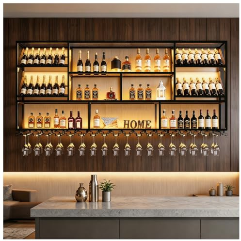 180cm Botellero de Pared Industrial, Estante almacenamiento de vino de gran capacidad montado pared, Metal para Exhibición de Botellas de Vino con portavasos, para hogar Restaurante Bar (Negro, 180cm)