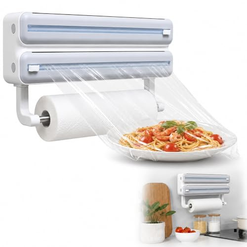 XPJBKC Frischhaltefolienspender, 3 in 1 für Rollen bis 31 cm Wandrollenhalter Küche, ohne Bohren Klebe Praktischer Folienschneider, für Küche Küchenorganizer Platzsparender Folienspender, Grau