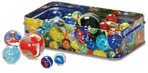 Tobar Glasmurmeln in Einer Dose, in 3 Verschiedene Größen und vielen juwelenartigen Wirbelmustern, für viele Verschiedene Murmelspiele, ab 6 Jahre, ca. 15,7 x 9,5 x 4,2 cm 15237
