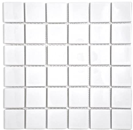 Tenedos Premium Quality 2 (Exact Size 1-15/16 in.) White Porcelain Square Mosaic Tile Shiny Look Designed in Italy (12x12) for Kitchen Backsplash, Pool Tile, Bathroom Wall, Accent Wall