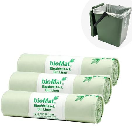 bioMat Kompostierbare 60l Müllsäcke, 30 Biomüllbeutel für Biotonne, Restmülltonne, Premium-Qualität, Klimaneutral, Made in Germany
