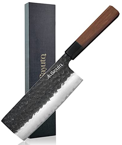 Sayuto Séquoia San Mai - Couteau Nakiri Design Japonais Spécial Légumes Lame 17cm 3 Couches Carbone Manche Bois de Séquoia - Vendu dans un Coffret