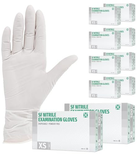 SF Nitrilhandschuhe XS Weiß – 1000 Stück Einweghandschuhe, latexfrei | Puderfreie Einmalhandschuhe, Vorratspack mit 10 Boxen à 100 Stück, für Tattoo, Werkstatt, Küche, Reinigung und Haushalt