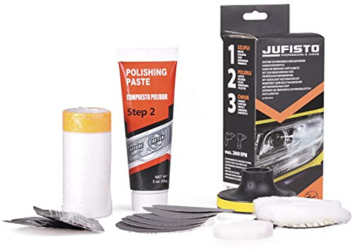 Jufisto Mega Kit de polissage /restauration / rénovation de phare de voiture, conçu pour fonctionner avec une perceuse/tournevis sans fil
