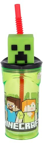 Wiederverwendbarer Becher für Kinder mit Strohhalm und Deckel mit 3D-Figur und 360 ml Fassungsvermögen | Minecraft