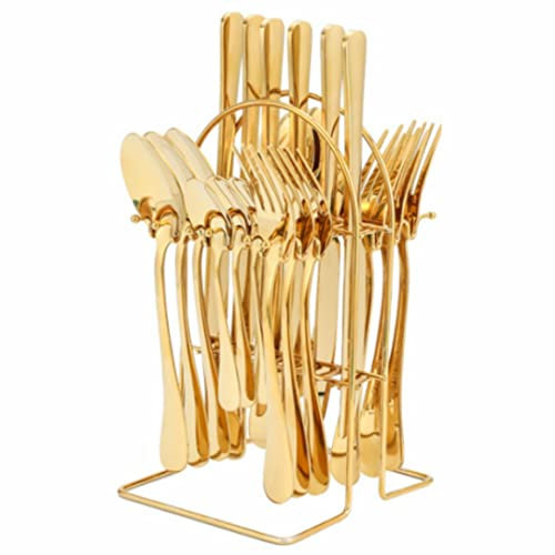 Gold Cutlery Set - 24 Piece Polished Stainless Steel Silverware With Rack - Dishwasher Safe Quality Tableware Flatware