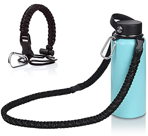 Wongeto Paracord Handle with Shoulder Strap Compatible with Hydro Flask Wide Mouth Water Bottles 12oz - 64 oz，Water Bottle Strap for Walking Biking Hiking Camping(Black 1)