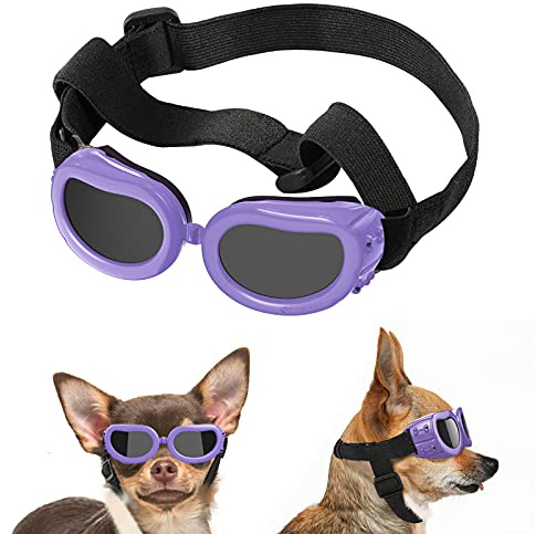 Lewondr Sonnenbrille für Hunde UV Schutzbrille, Hunde Winddichte & Antibeschlagbrille & Wasserdichter Hundebrille mit Einstellbar Gummiband für Kleine Hunde - Macaron Lila