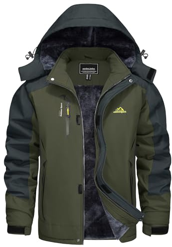 KEFITEVD Vinterjacka herr skidjacka vattentät varm fodrad utomhusjacka med avtagbar huva softshell vinter fleecejacka, Armégrön, XL