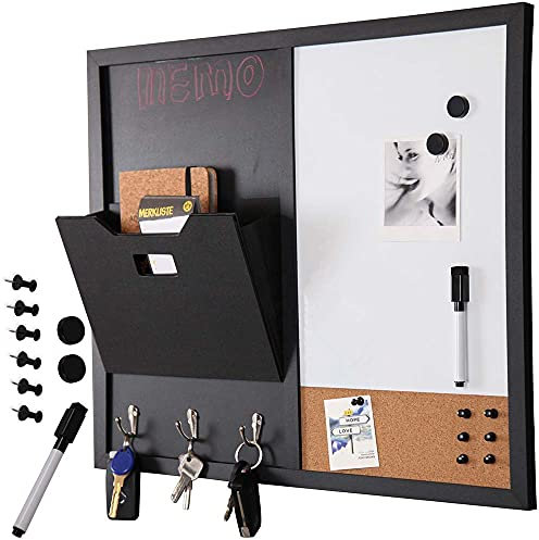 Bakaji Lavagna Magnetica con Bacheca Memo in Sughero Combinata 60x40 cm Cornice Legno con Scomparto Portadocumenti 3 Ganci Portachiavi Pennarello Magneti e 6 Puntine Design Moderno Casa Ufficio