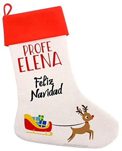 Regalo profe Navidad Calcetín navideño. Personalizado con Nombre. Idea maestros profesores colegio y guarderia Papá Noel