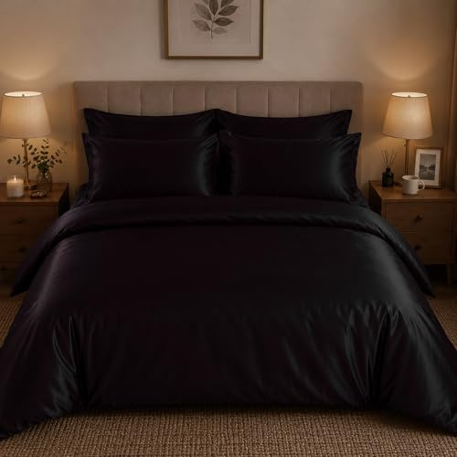 CHARKHAH Satin Silk 6 Piece Complete Bedding Set Durable Silky Fabric with Single Double King Size Bed Fitted Sheet Duvet Cover Comforter and 4 Pillow Cases (Single, Black)