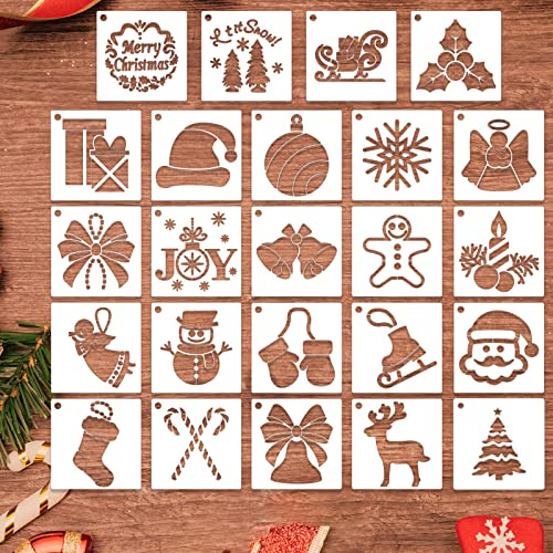 24 Stencil Natalizi per Dipingere su Legno, Piccoli Stencil Natalizi Riutilizzabili Fiocco di Neve Babbo Natale Albero di Natale Disegno Stencil Pittura per Carte Fai da Te Artigianato Decorazioni